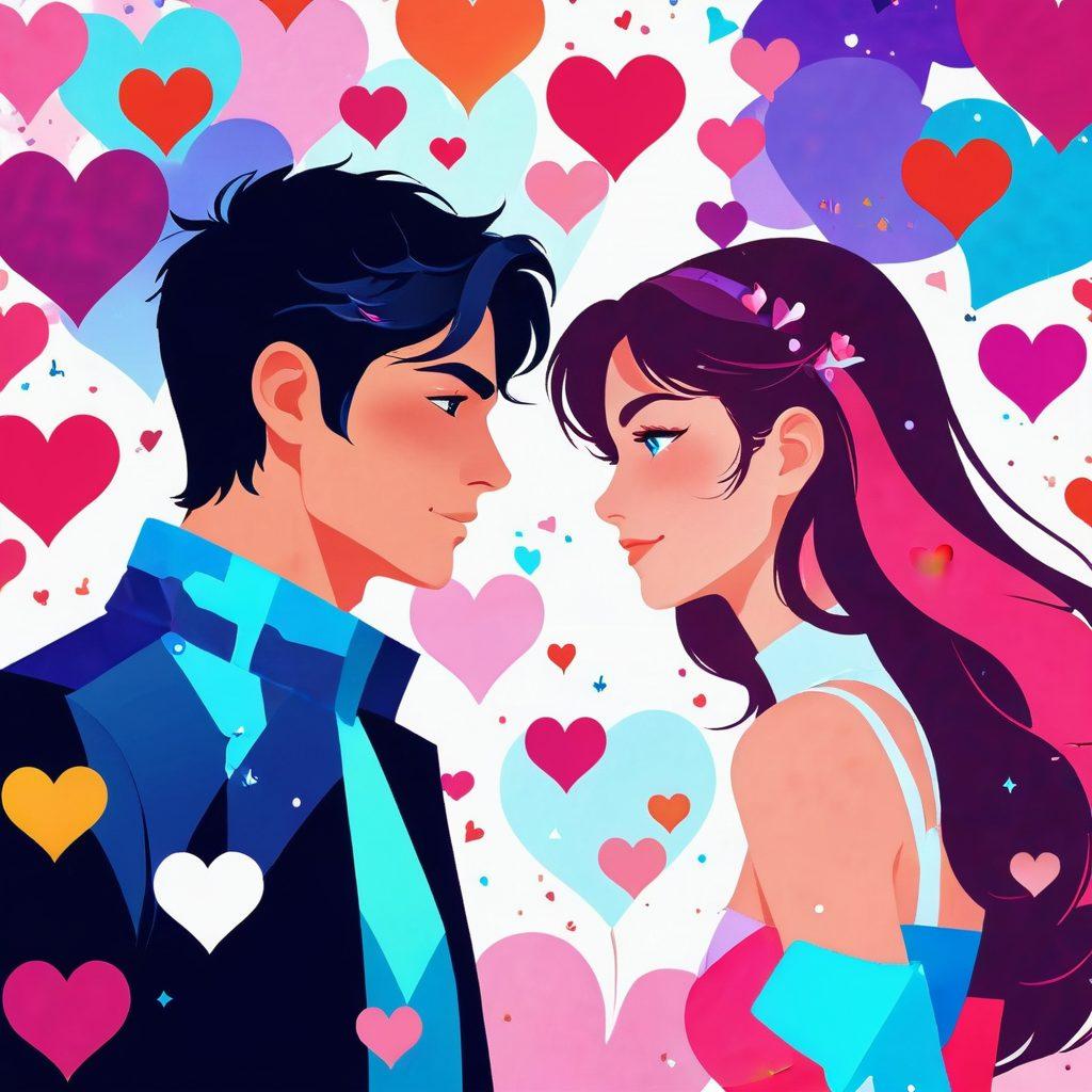 A vibrant collage of characters from various interactive love games, all engaging in romantic moments, surrounded by sparkling pixelated hearts. The scene should evoke passion and playfulness with a glowing, digital aesthetic, including dynamic elements like character dialogues and game interfaces displayed on futuristic screens. vector art. vibrant colors. white background.