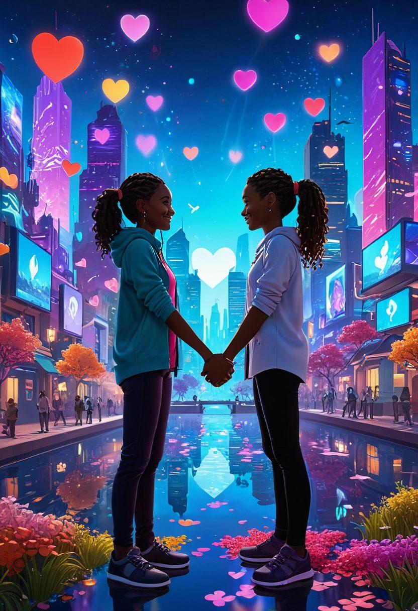 A vibrant virtual world with two avatars in the foreground, holding hands and smiling, surrounded by heart-shaped particle effects. The background features a mixture of futuristic cityscapes and fantasy landscapes, with floating islands and digital hearts. The interface elements, like chat windows and interactive icons, appear around the scene, adding to the simulation aspect. Include varied and diverse avatar designs to show inclusivity. 3D. vibrant colors.