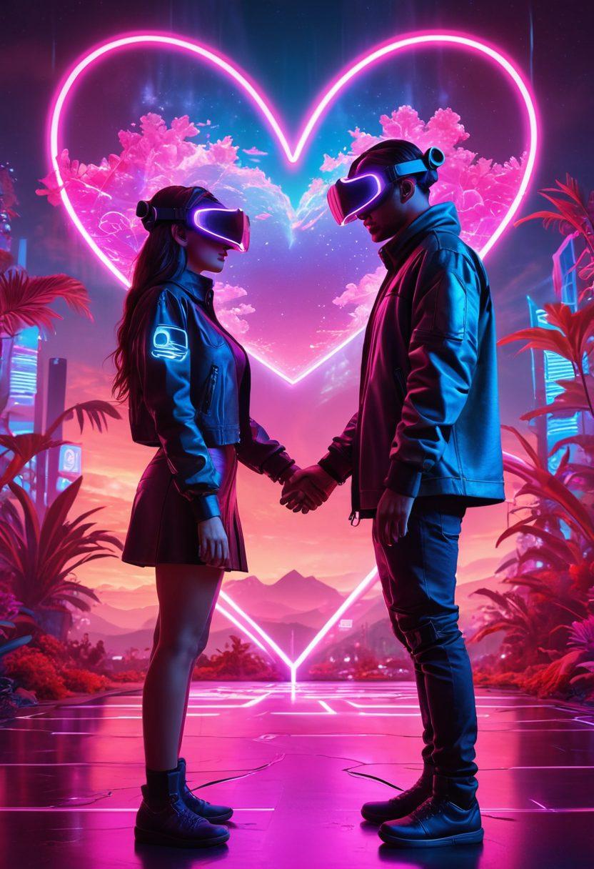 A futuristic virtual reality headset enveloped in a neon glow, showing an intimate couple holding hands, surrounded by heart-shaped holograms. The background displays a vibrant digital world with fantastical landscapes and romantic scenes, emphasizing passion and adventure. 3D. vibrant colors. cyberpunk.